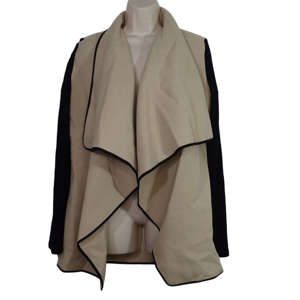 Say What Tan Black Waterfall Open Cardigan Jacket Size M Ribbed Knit Long Sleeve
